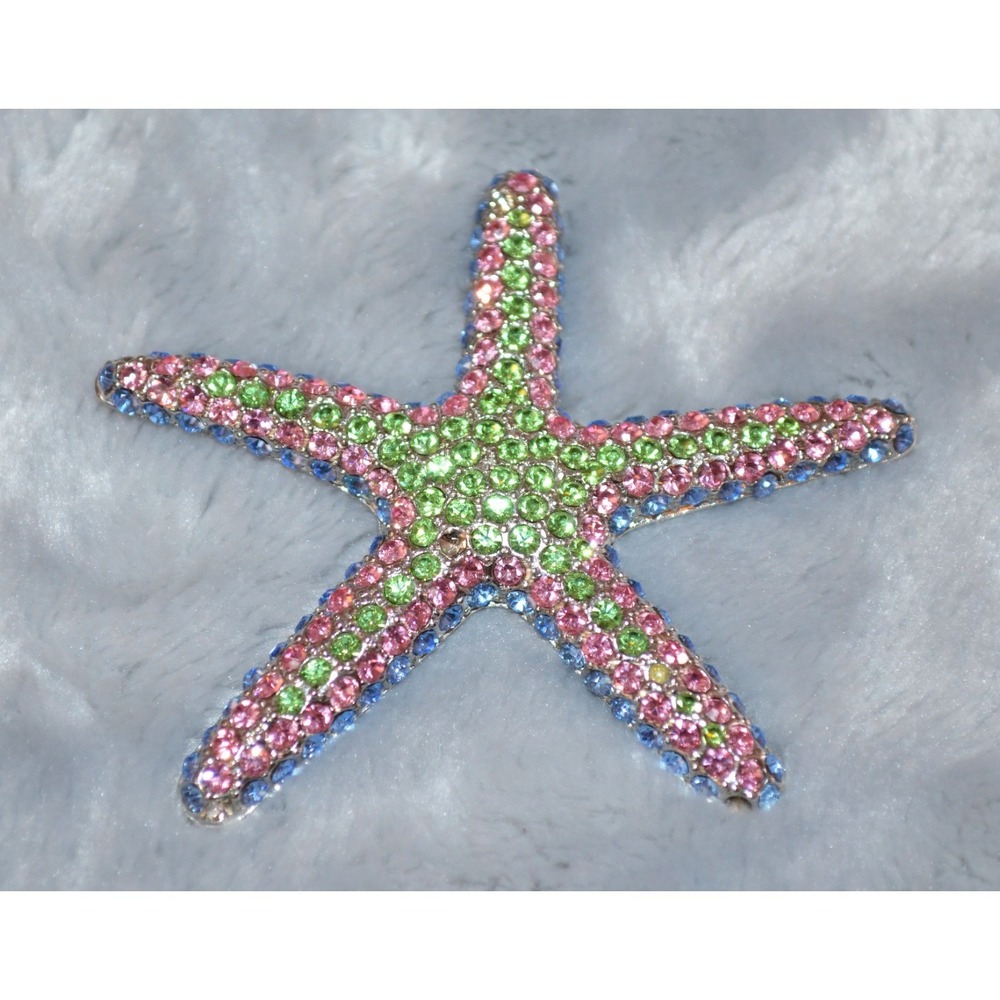 Vintage Silver Tone Starfish Brooch / Pin  2.5"  Green Pink‎ Blue Rhinestones